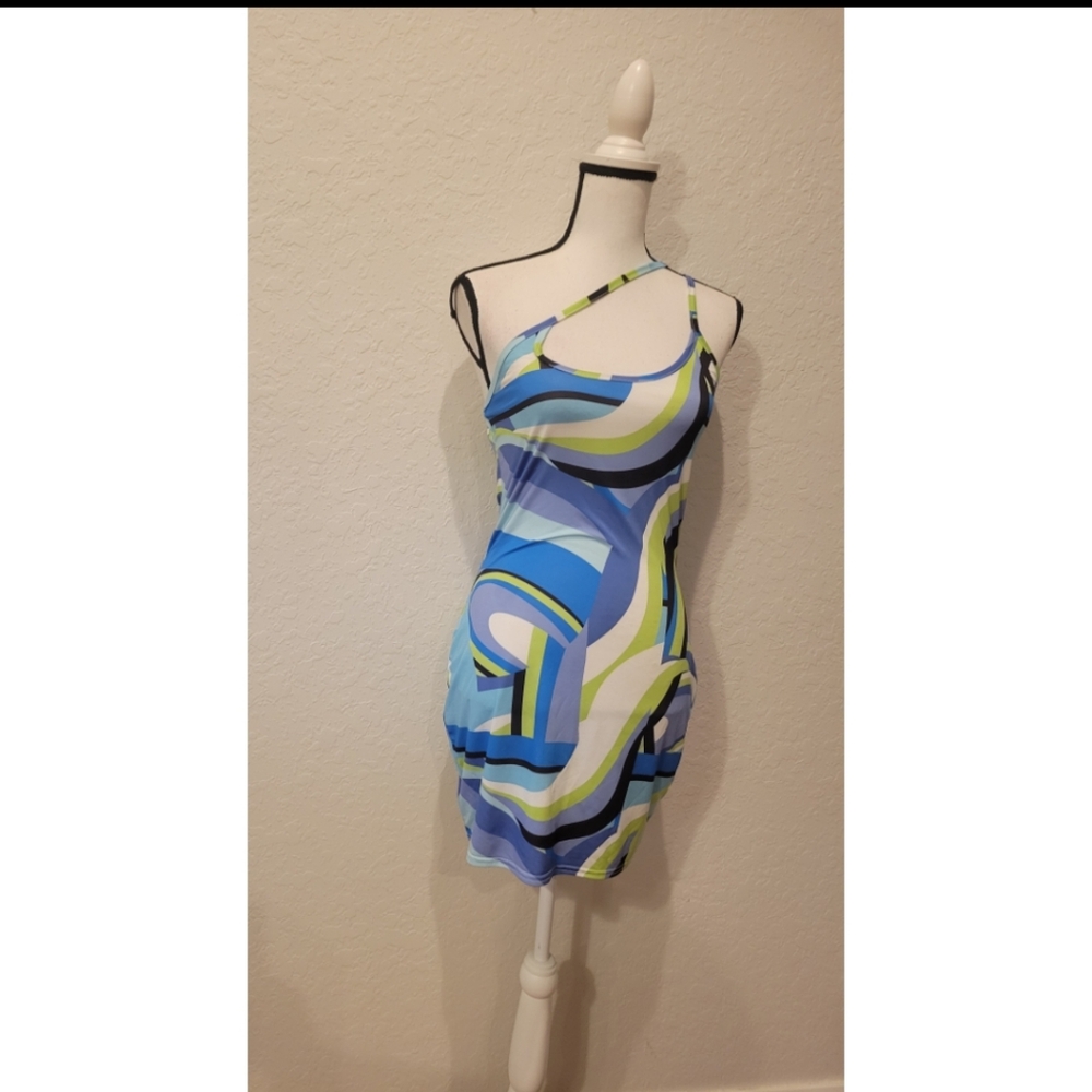 Blue Abstract One Shoulder Dress - Picture 3 of 4